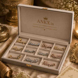Personalized name pins displayed in an open ANKX.in branded gift box