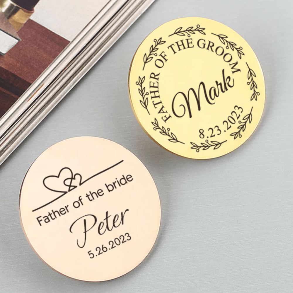 Custom name lapel pin set featuring Father of the Groom and Father of the Bride designs in gold and silver