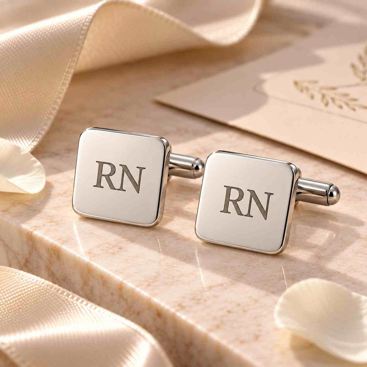 Personalized Silver Square Cufflinks for Mens with Initials RN on a Marble Surface