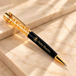 Custom Advocate Pen with Neha Sharma personalization in black and gold finish with glitter details