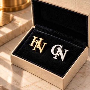Custom Initial Lapel Pin set in gold and silver with personalized initials HN and CN in elegant box