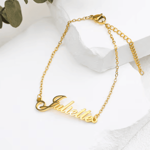 Custom name anklet in gold featuring the name Juliette elegantly crafted for personalized charm