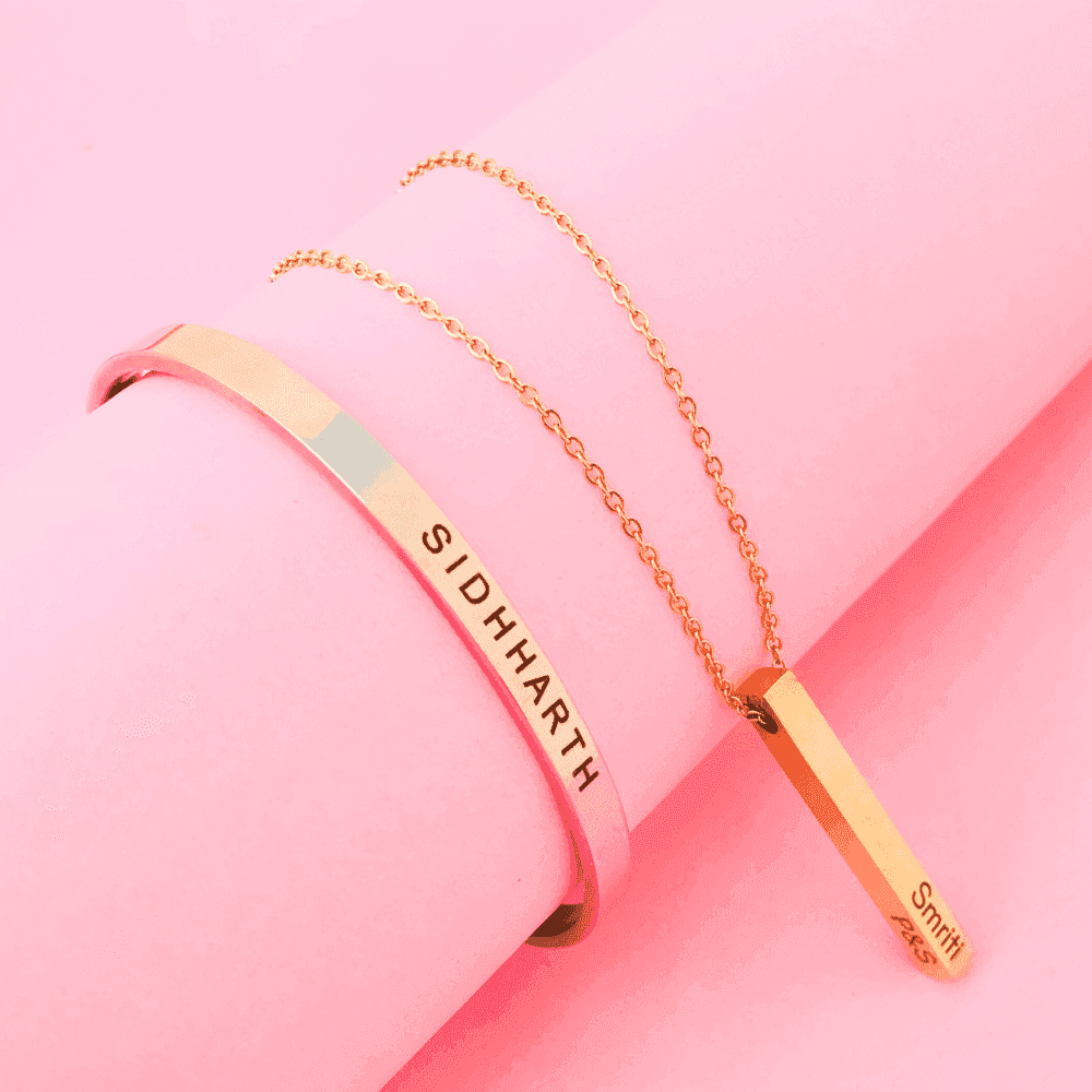 Custom name bracelet and necklace combo in gold and rose gold with engraved names for personalized gifts