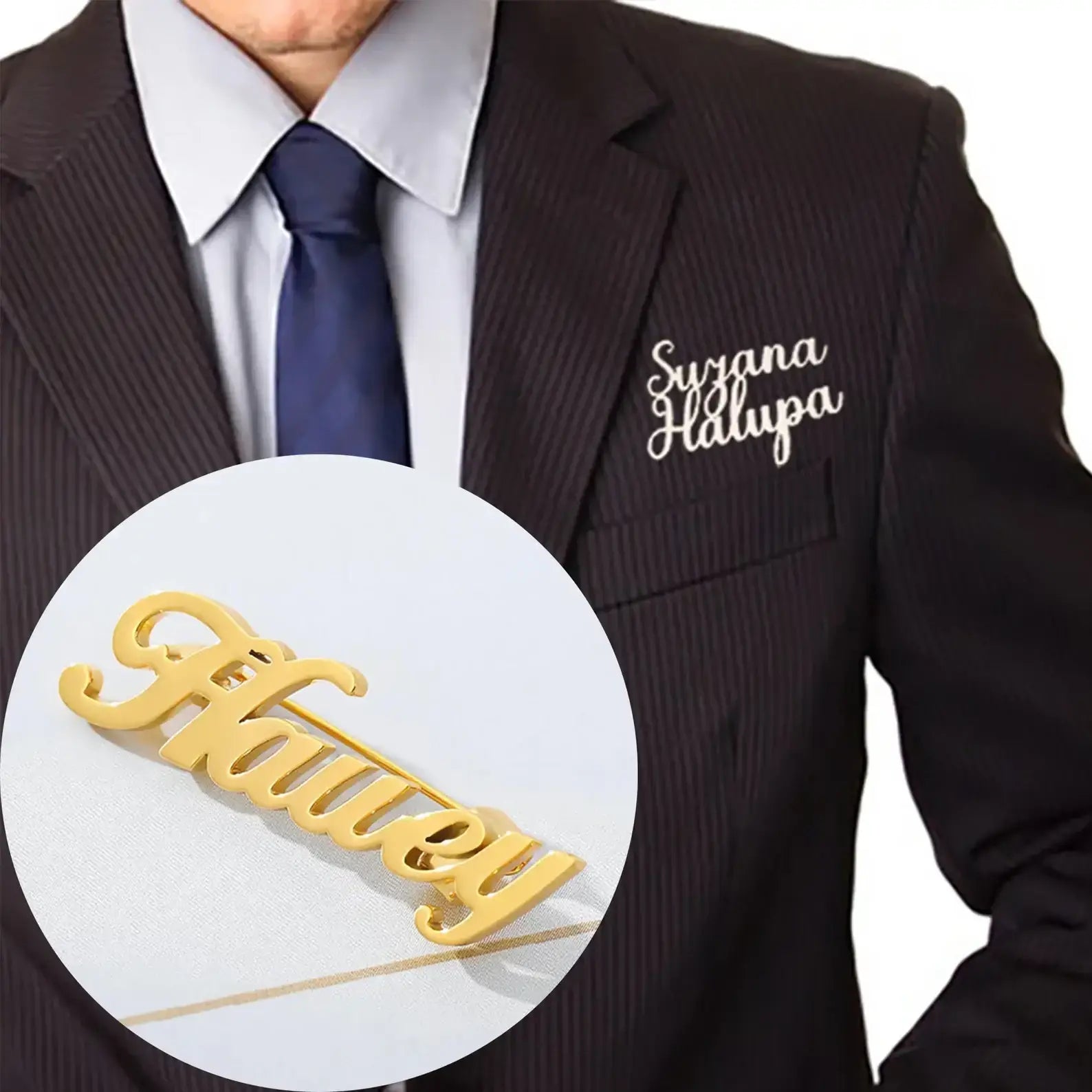 custom name brooch for men worn on a blazer for formal and wedding outfits