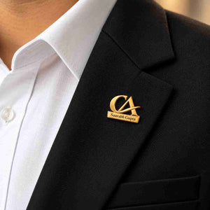 Custom Name CA Brooch featuring gold finish with personalized name Saurabh Gupta on a black blazer
