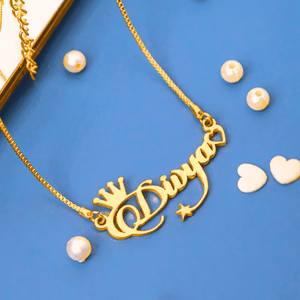 Custom Name Necklace with Crown and Star in Gold on Blue Background - Personalized Jewelry Gift India