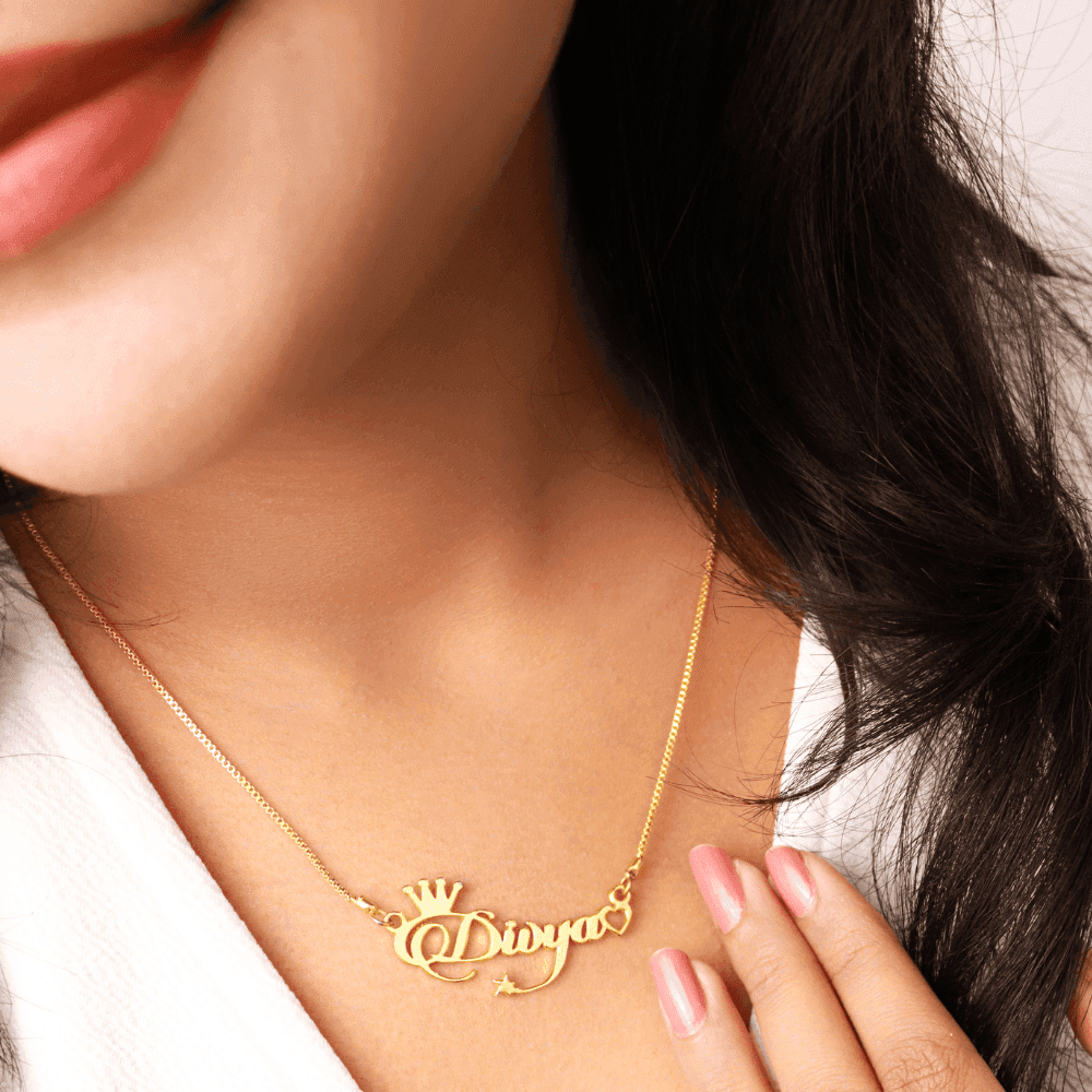 Custom Name Necklace with Crown and Heart in Gold - Personalized Jewelry Gift for Women India