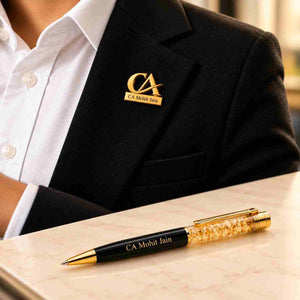Custom Name Pen and Brooch Set for CA in gold finish with personalized name Mohit Jain