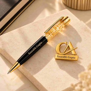 Custom Name Pen and Brooch Set for CA featuring a gold and black pen with personalized Saurabh Gupta and a matching brooch