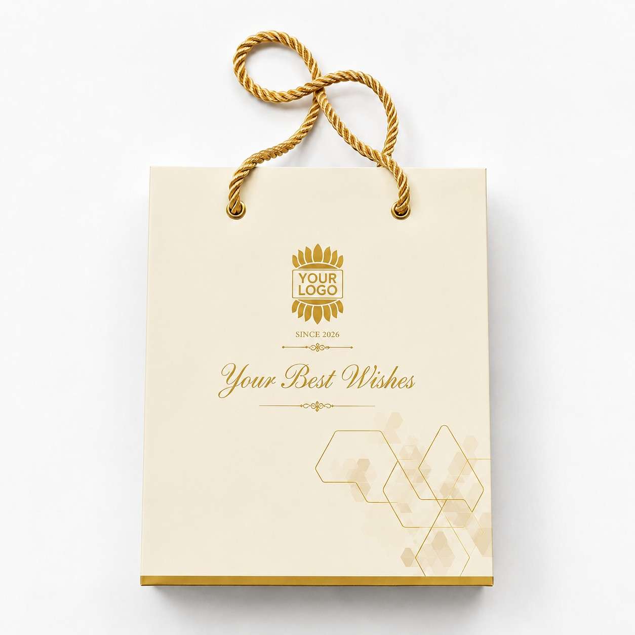 Elegant cream paper carry bag with golden logo and decorative design for gifts or branding