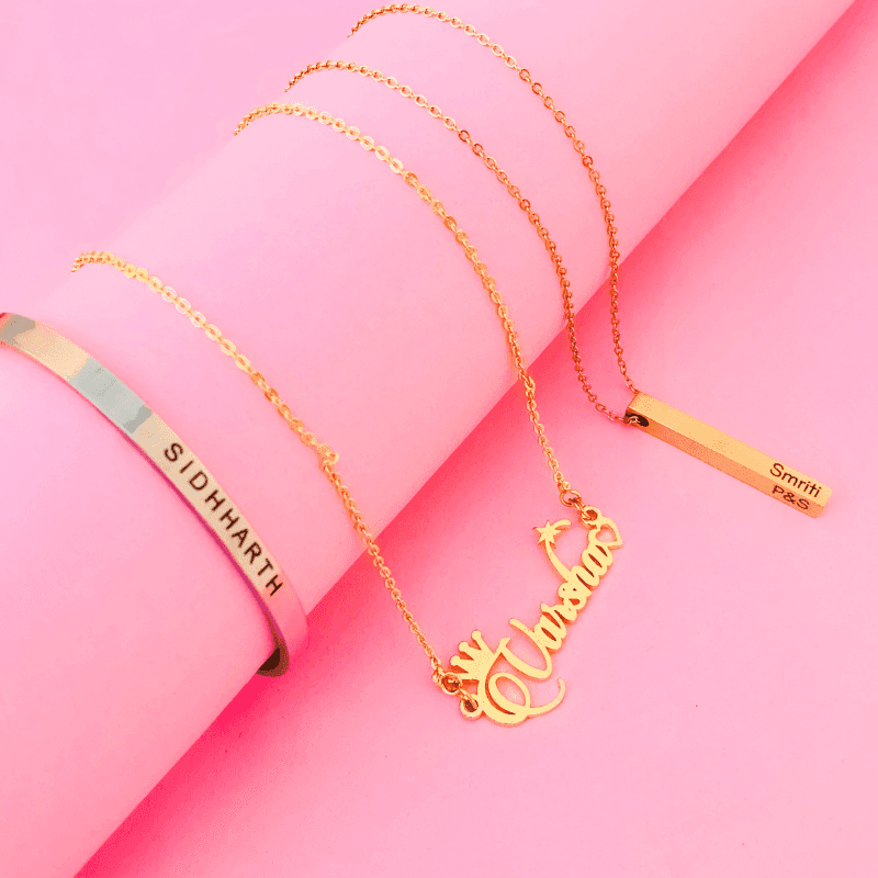 Customized name chain online India featuring personalized gold necklaces with unique designs