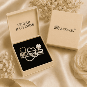 Silver doctor brooch with name in Ankx gift box packaging with flowers