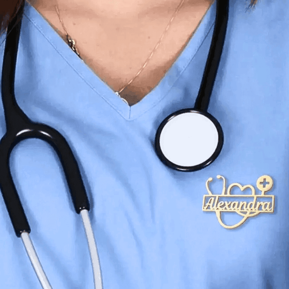 Personalized doctor stethoscope brooch with name detail for medical professionals