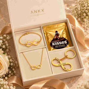 Ankx Gift Box for Couples featuring personalized gold infinity jewelry, chocolate, and custom date keychain