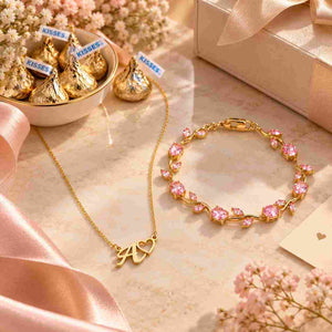Personalized gold necklace with initials 'A' and pink floral bracelet in a Gift Combo for Her