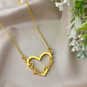 Gold Custom Couple Name Necklace With Heart pendant featuring names Duvya and Fawn on a delicate chain