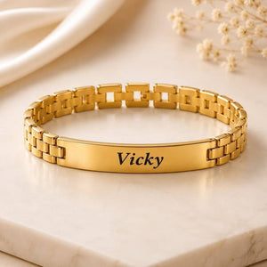 Gold custom name bracelet with Vicky engraving personalised jewellery gift for men and women