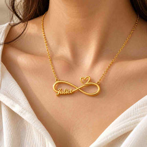 Gold Infinity Name Necklace with Personalization 'Juliet' and Heart Design