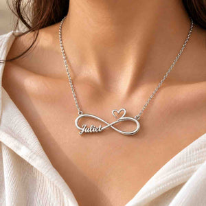 Personalized Infinity Name Necklace with the name Juliet in silver finish and heart detail