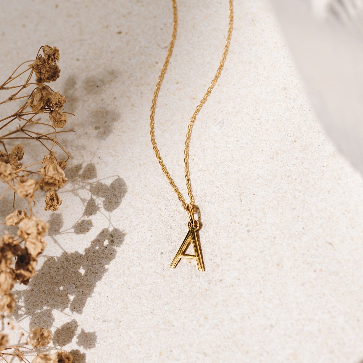 Ankx.in gold Initial Letter Necklace Alphabet pendant on a delicate chain with dried flowers background