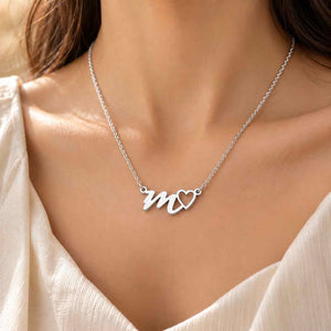 Silver Initial Necklace for Her with 'M' and Heart Design in Elegant Script