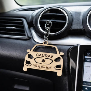 Personalized Maruti Swift Keychain with engraved name and car details for auto enthusiasts
