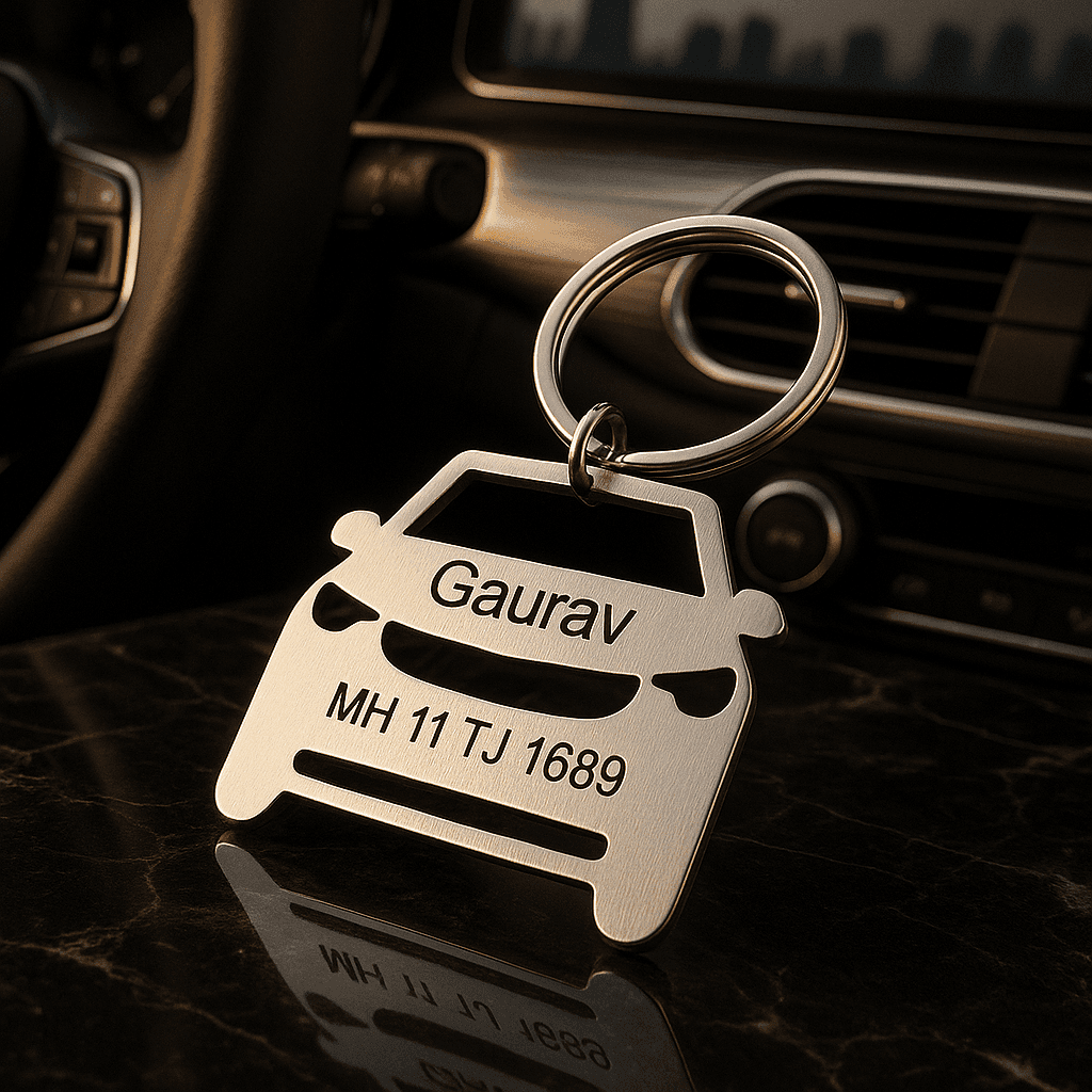 Personalized keyring with vehicle number featuring a car design and custom name engraving