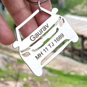 Custom personalized keyring with vehicle number MH 11 TJ 1689 and name Gaurav in unique car design