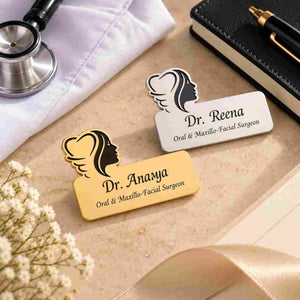 Personalised Doctor Name Brooch in gold and silver with names Dr Anaya and Dr Reena