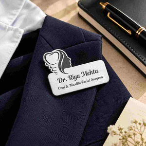 Personalised Doctor Name Brooch in silver featuring Dr. Riya Mehta, crafted for medical professionals