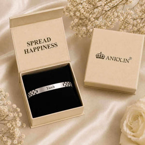 Personalised silver chain name bracelet with Yash engraving in premium ANKX gift box packaging