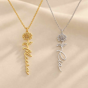 Personalized Flower Name Necklace in Gold and Silver featuring custom names Meera and Lia