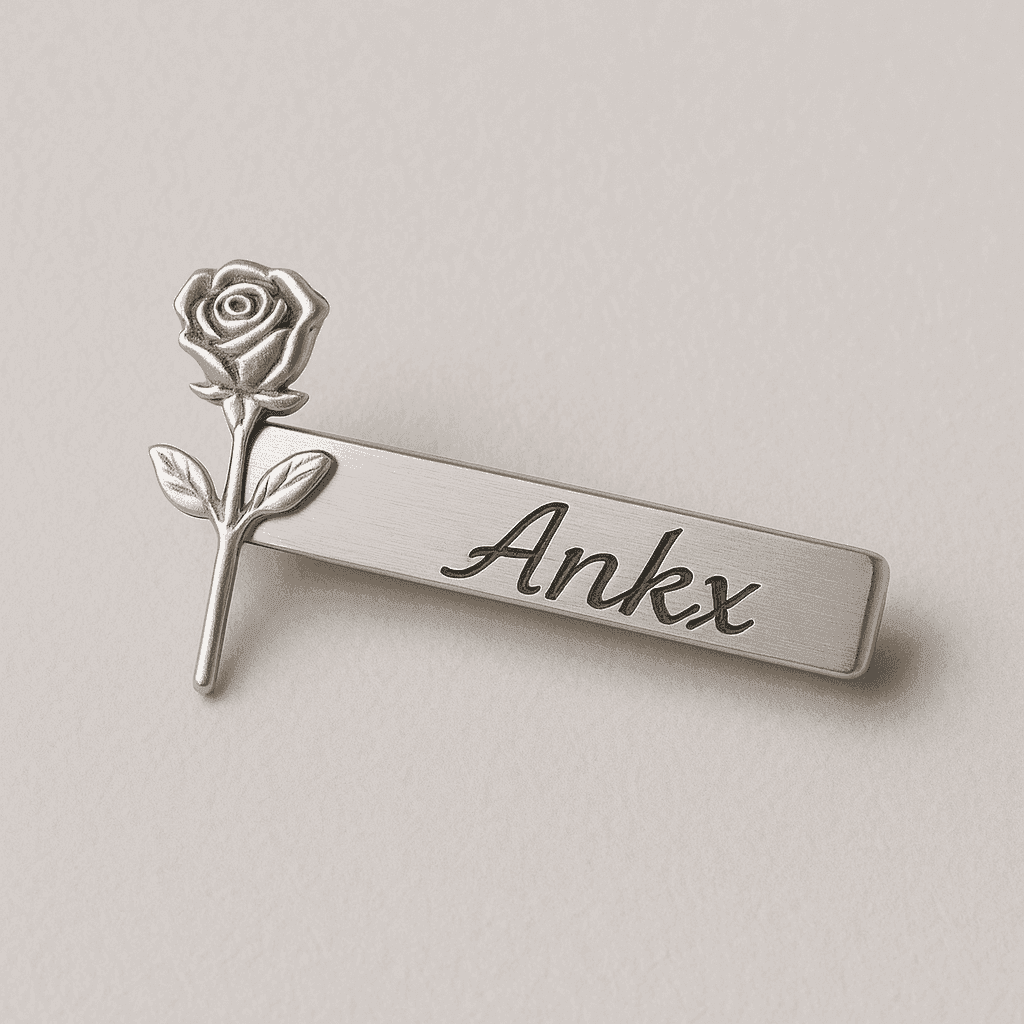 Personalized Name Brooch with Silver Rose Design and Engraved Name Ankx