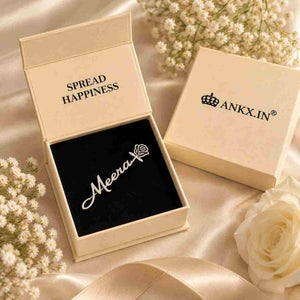 Personalized Name Brooch with the name Meera in elegant silver finish presented in a gift box