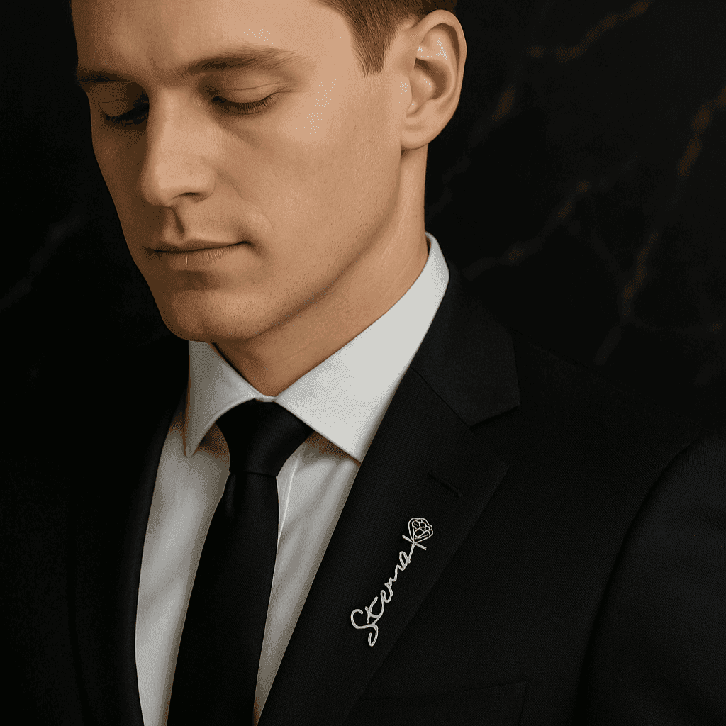 Stylish Personalized Name Brooch worn by a man in a black suit, adding a unique touch to formal attire