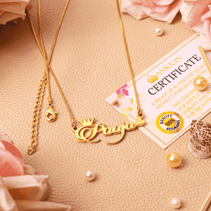 Personalized name necklace combo in gold with certificate and floral background from Ankx.in