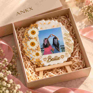 Personalized Resin Photo Frame featuring a floral design and the name Bestie, presented in a gift box