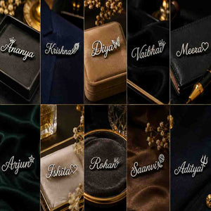Grid of personalized silver name pins with decorative charms on various backgrounds.