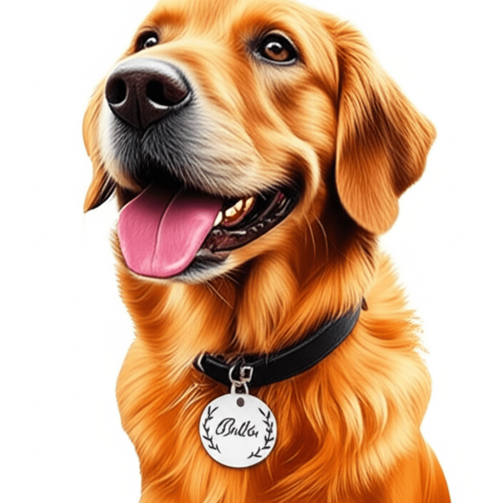 Golden Retriever dog wearing a personalized pet name tag for a stylish look