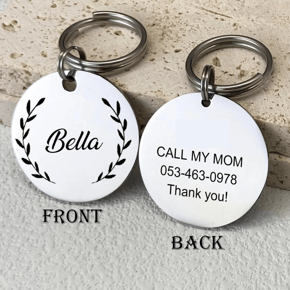 Ankx personalized pet name tags with a front engraving and back contact information