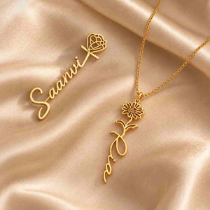 Gold Rose Name Necklace and Brooch Combo with Personalized Name 'Saanvi' in Elegant Design