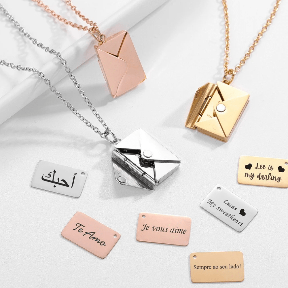 Secret Message Letter Envelope Necklace in gold, silver, and rose gold with personalized message tags by Ankx.in