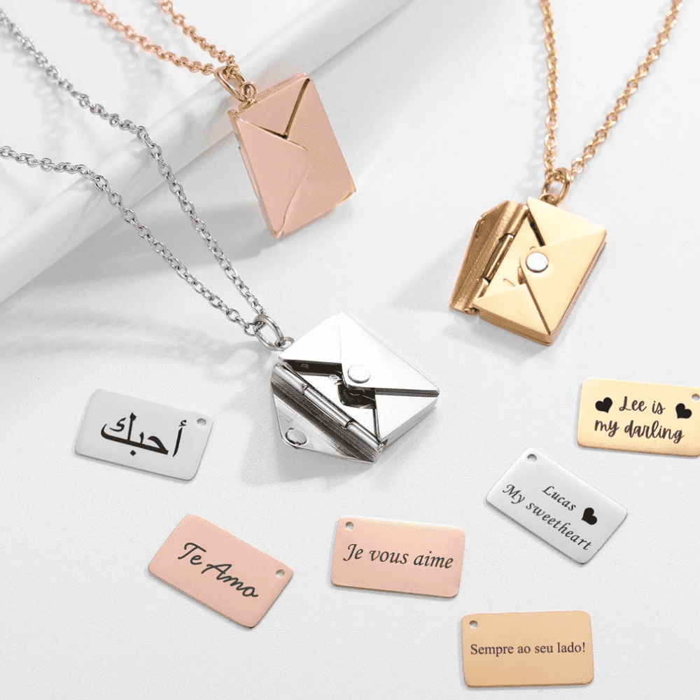 Secret Message Letter Envelope Necklace in gold, silver, and rose gold with personalized message tags by Ankx.in