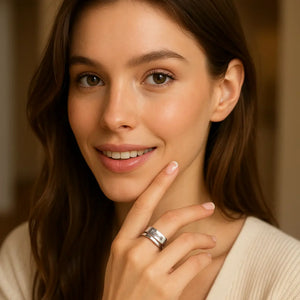 Woman wearing silver personalized Arabic name ring, smiling portrait