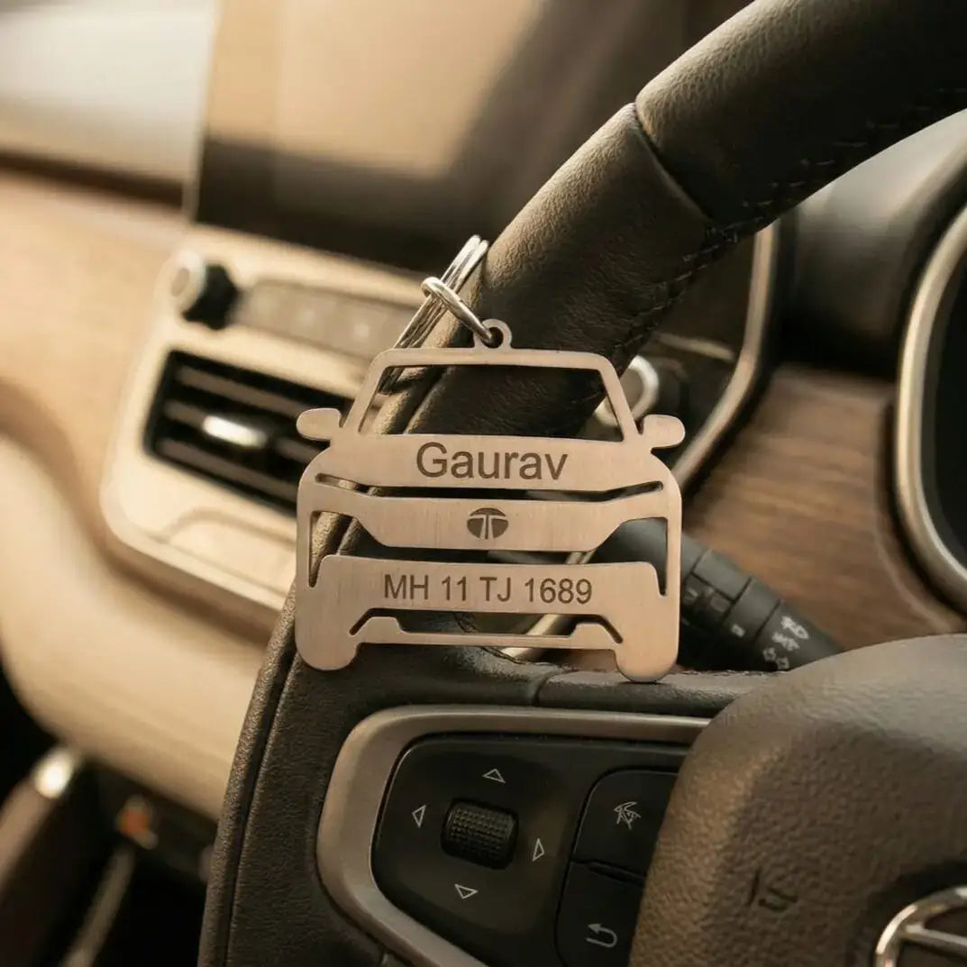Tata Serra Name Keychain in Silver with Custom Name and Vehicle Number Design