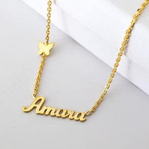 Ankx.in unique custom name necklace gift in gold featuring the name Amara and a butterfly charm