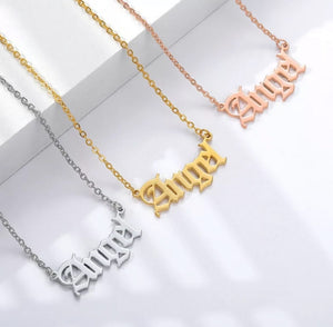 Three unique name jewelry for gifts necklaces in silver, gold, and rose gold featuring the name Angel