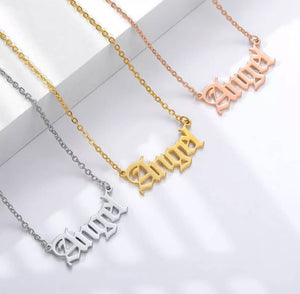 Three unique name jewelry for gifts necklaces in silver, gold, and rose gold featuring the name Angel