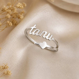 Urdu name ring in silver with heart detail, custom adjustable name ring silver plating by Ankx.in
