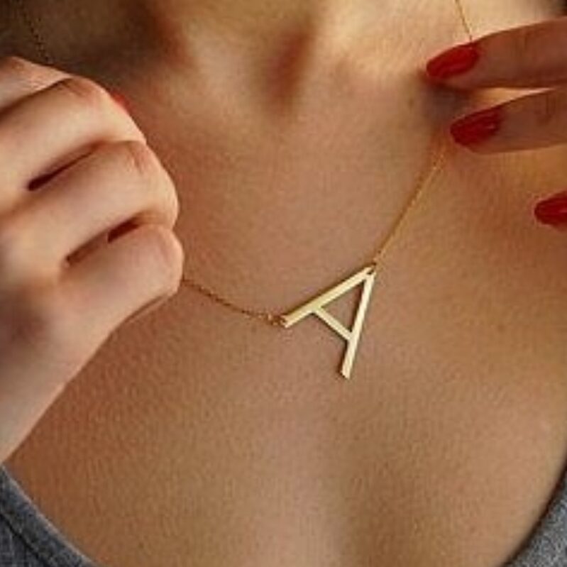 Custom Alphabet Necklace Large gold letter A pendant on delicate chain by Ankx.in worn on neck